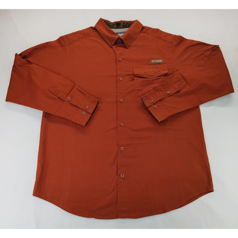 COLUMBIA PHG BUTTON UP FISHING VENTED SHIRT BROWN CAMO, LARGE, GOOD CONDITION